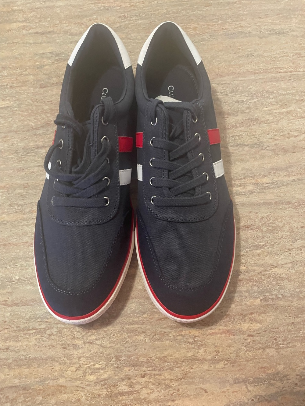 Club Room Navy Canvas Sneakers with Red & White Stripes men's size 10. NIB